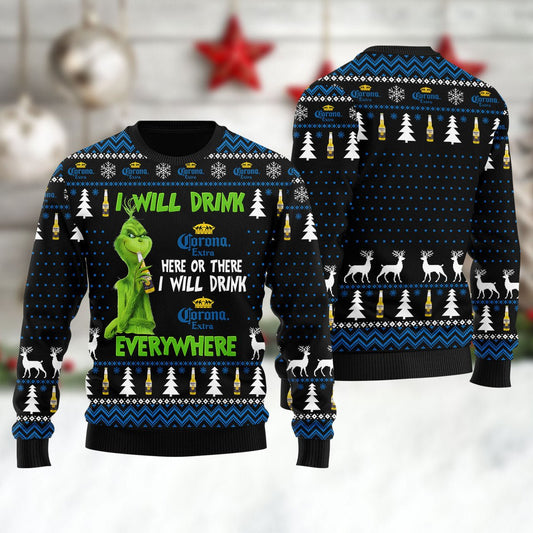 Corona Extra Grinch Will Drink Everywhere Ugly Sweater - VinoVogue.com