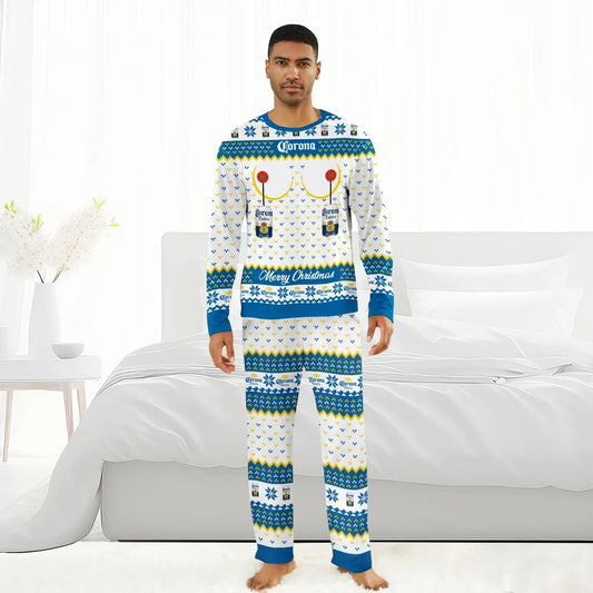 Man wearing Corona Extra Merry Christmas holiday-themed pajamas standing barefoot in a bright bedroom
