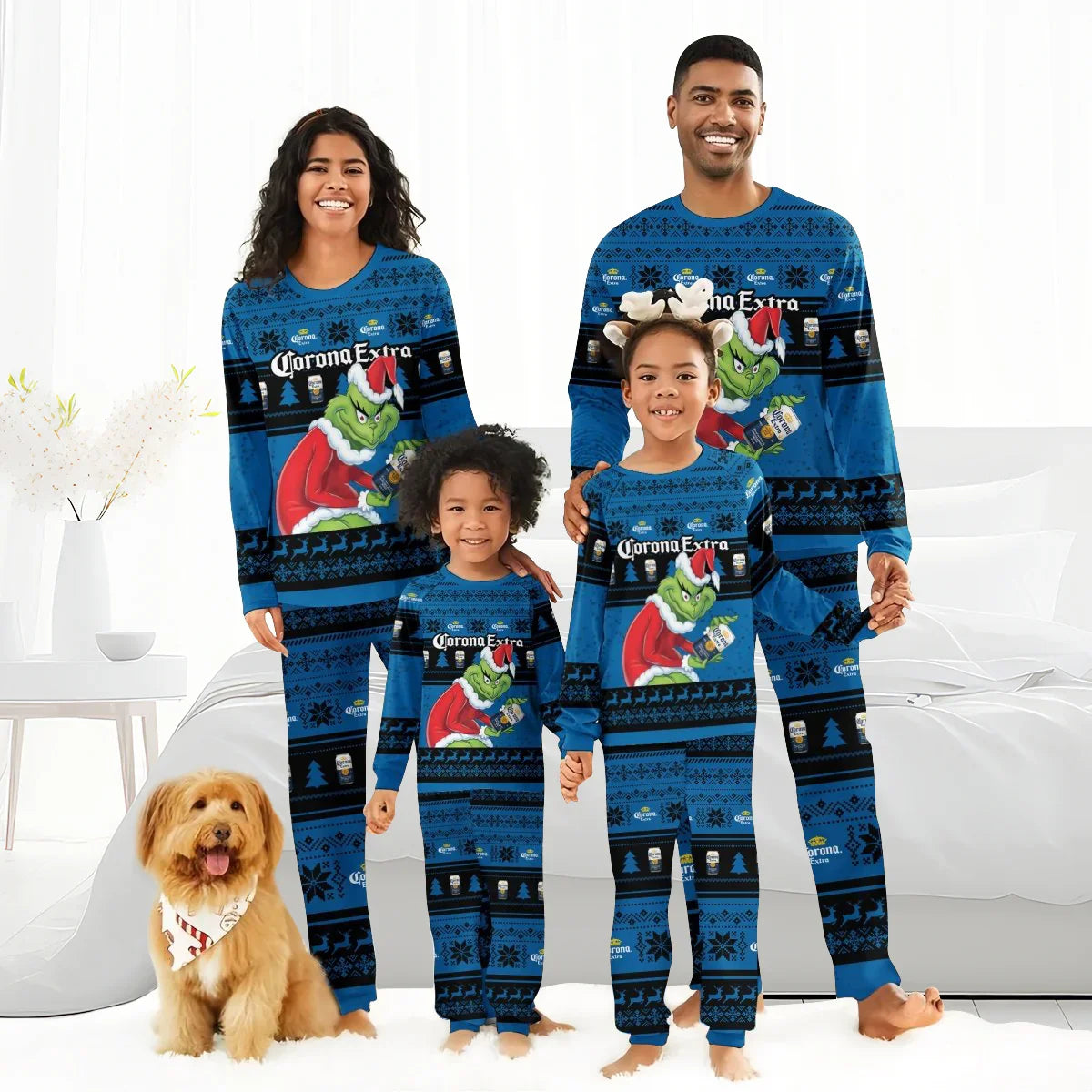 Family wearing matching blue Corona Extra Grinch Christmas pajamas in a bedroom with a dog