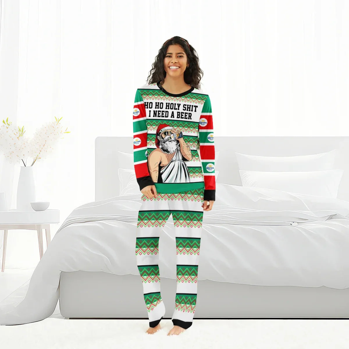 Smiling woman wearing green and red Corona Extra Christmas pajama set with humorous Santa beer design