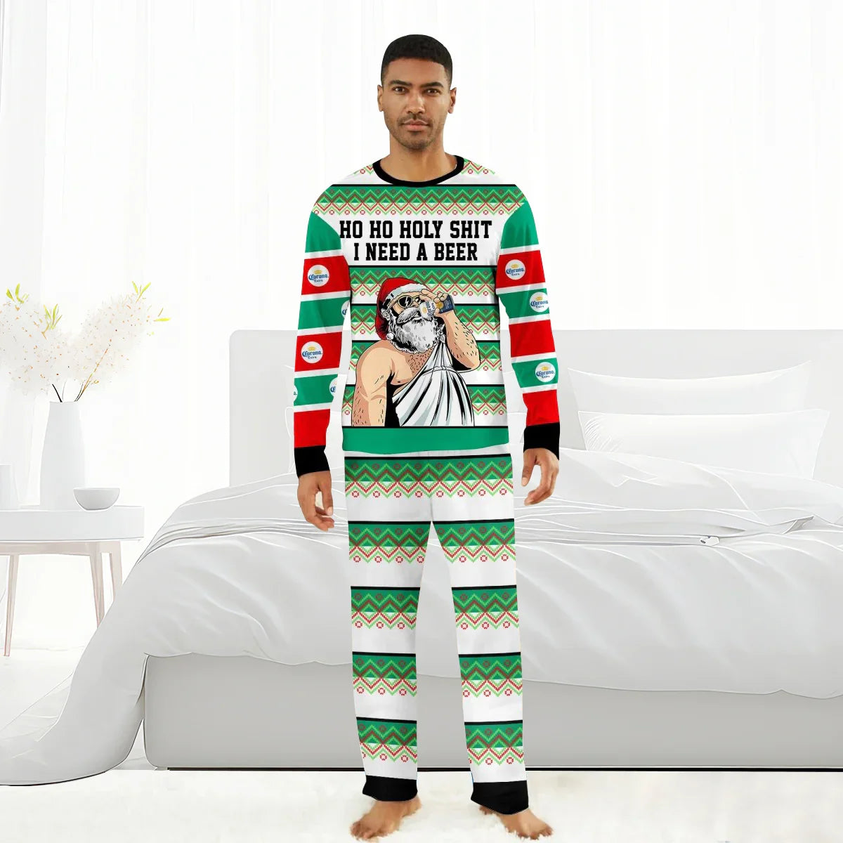 Man wearing Corona Extra themed Christmas pajamas with Santa drinking beer and text I need a beer