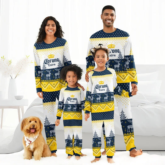 Smiling family in matching yellow, navy, and white Corona Extra reindeer winter pajamas with festive patterns