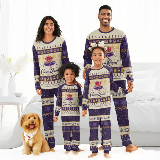 Family wearing matching Crown Royal Christmas pajamas in purple and beige with holiday patterns, dog with bandana