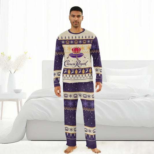 Man wearing Crown Royal themed Christmas family pajamas with purple and beige festive pattern in bright bedroom