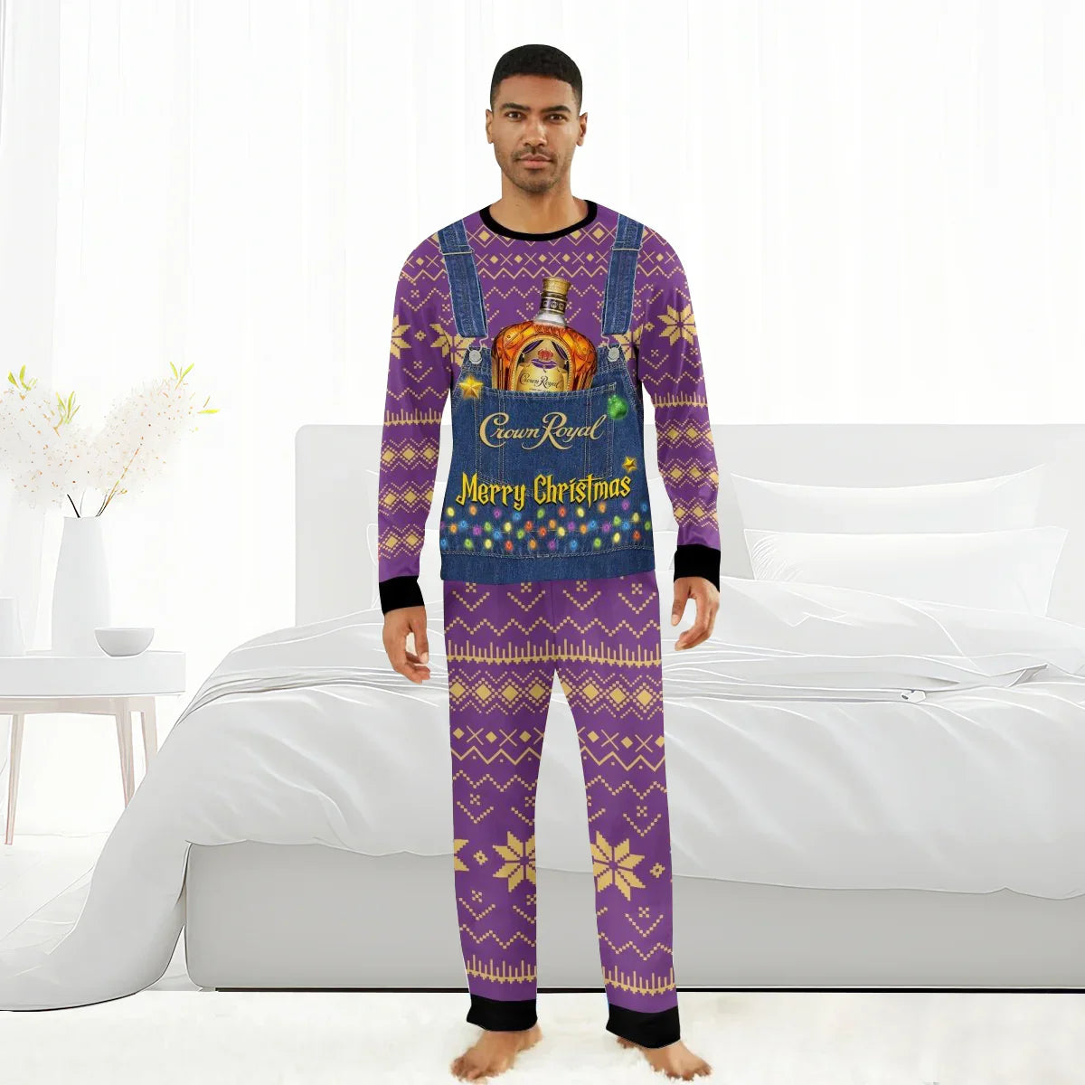 Man wearing purple Crown Royal Christmas pajamas with bottle and festive lights design in bedroom