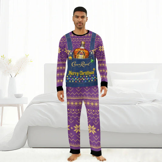 Man wearing purple Crown Royal Christmas pajamas with bottle and festive lights design in bedroom