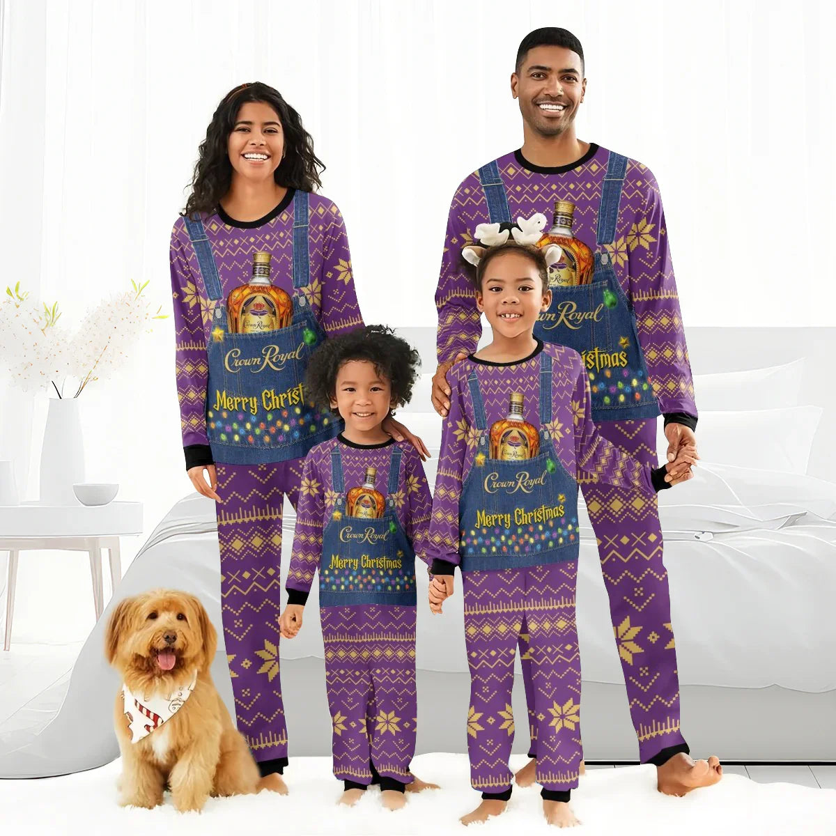 Smiling family in matching purple Crown Royal Merry Christmas holiday pajamas with printed bottle and festive patterns