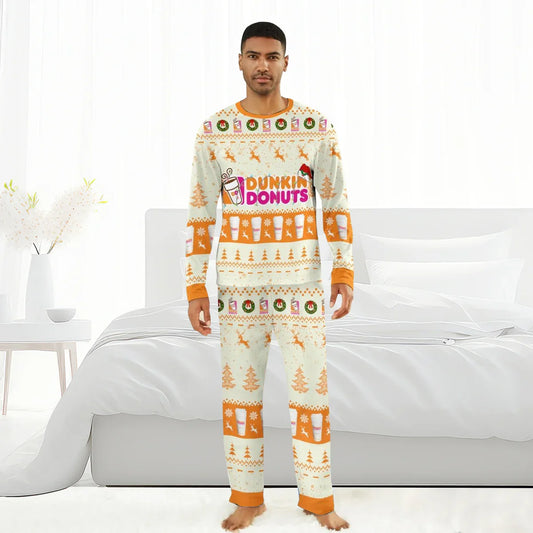 Man wearing Dunkin Donuts Christmas pajama set with festive reindeer and coffee cup patterns