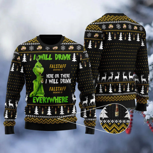 Falstaff Grinch Will Drink Everywhere Ugly Sweater - VinoVogue.com