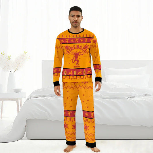 Man wearing orange Fireball Whisky themed Christmas pajamas in bright bedroom