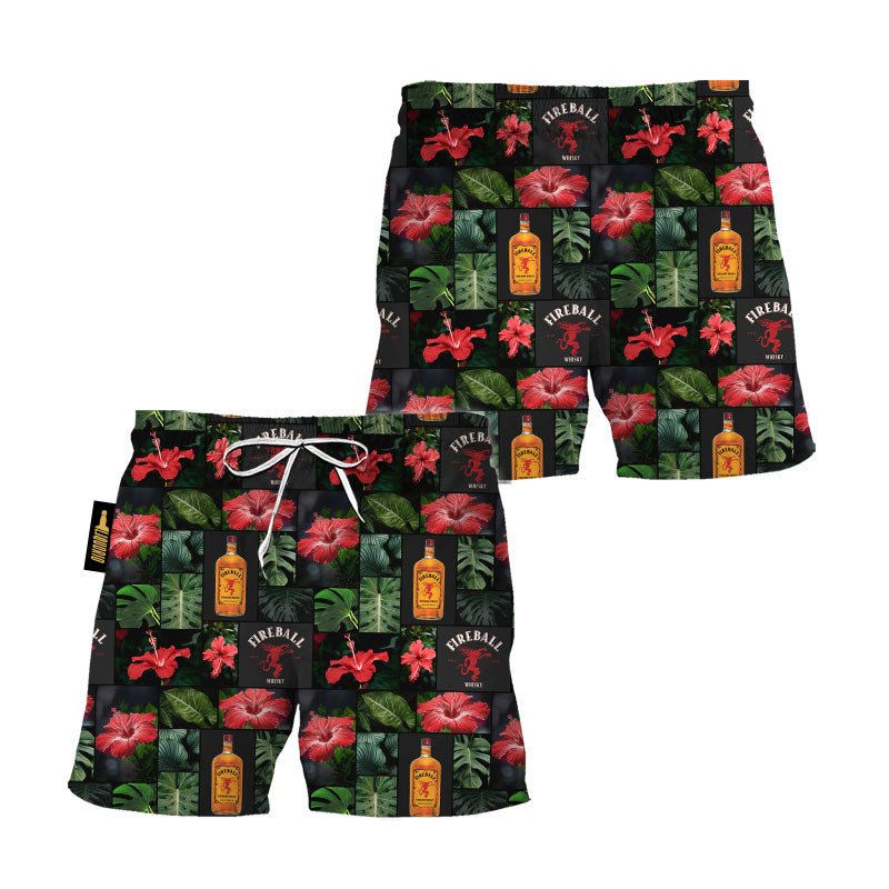 Fireball Tropical Hibiscus Flower Swim Trunks - VinoVogue.com