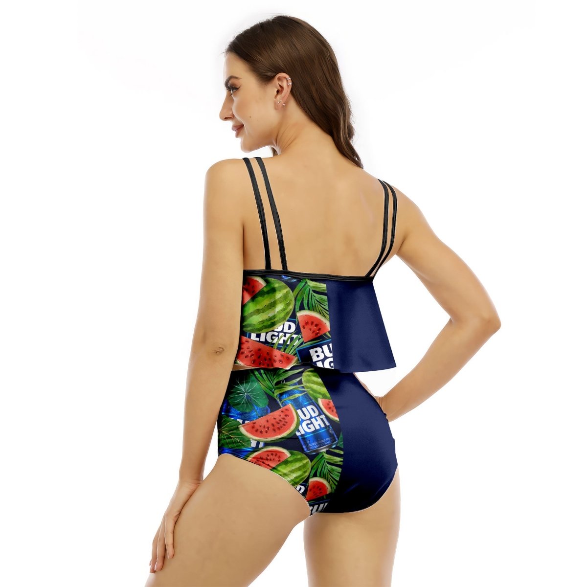 Half Side Bud Light Watermelon Ruffled Vest Swimsuit - VinoVogue.com