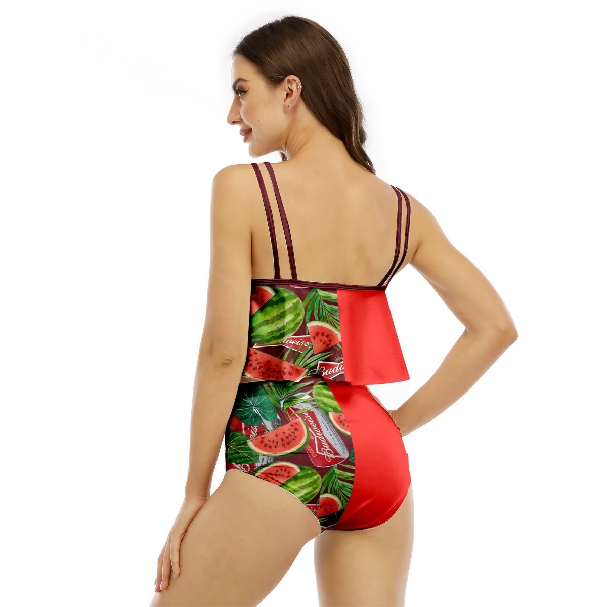 Half Side Budweiser Watermelon Ruffled Vest Swimsuit - VinoVogue.com