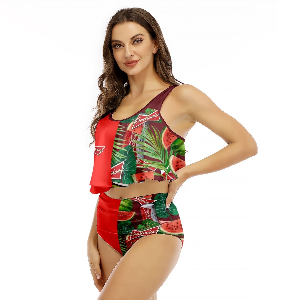 Half Side Budweiser Watermelon Ruffled Vest Swimsuit - VinoVogue.com