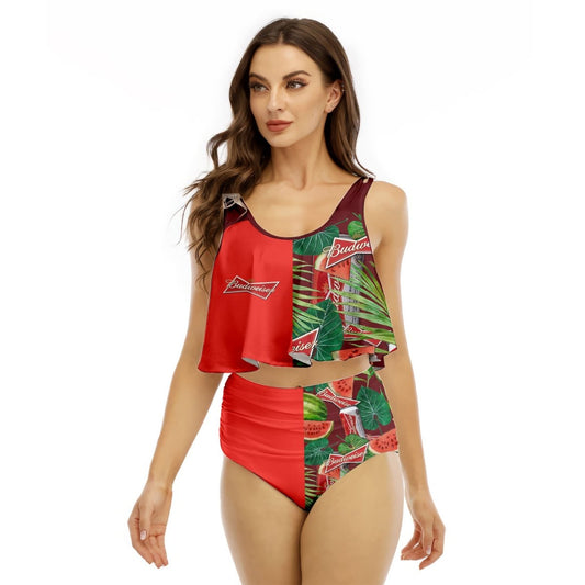 Half Side Budweiser Watermelon Ruffled Vest Swimsuit - VinoVogue.com