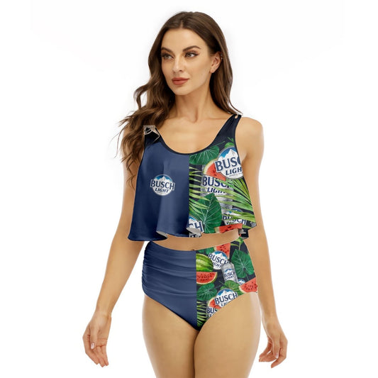 Half Side Busch Light Watermelon Ruffled Vest Swimsuit - VinoVogue.com