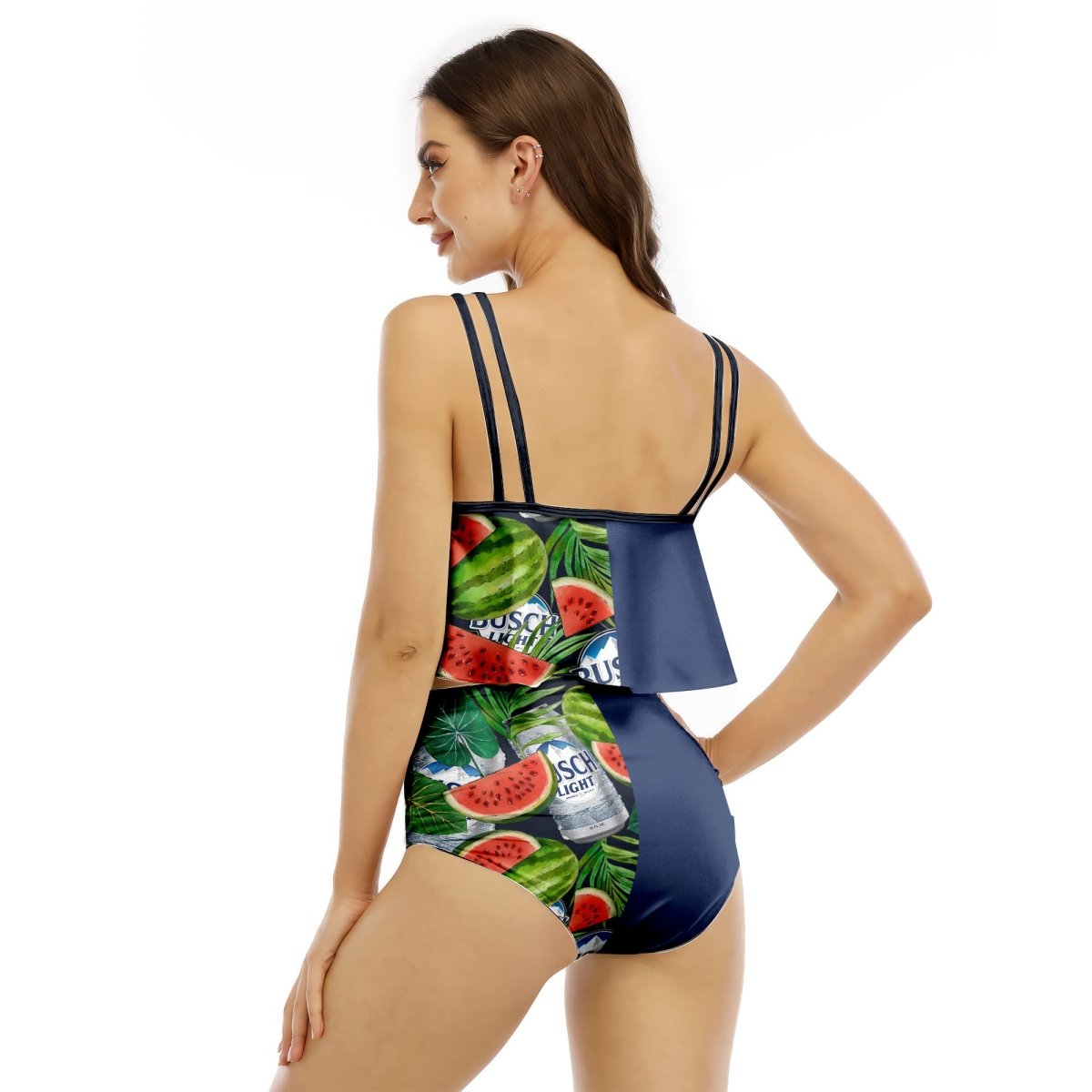 Half Side Busch Light Watermelon Ruffled Vest Swimsuit - VinoVogue.com