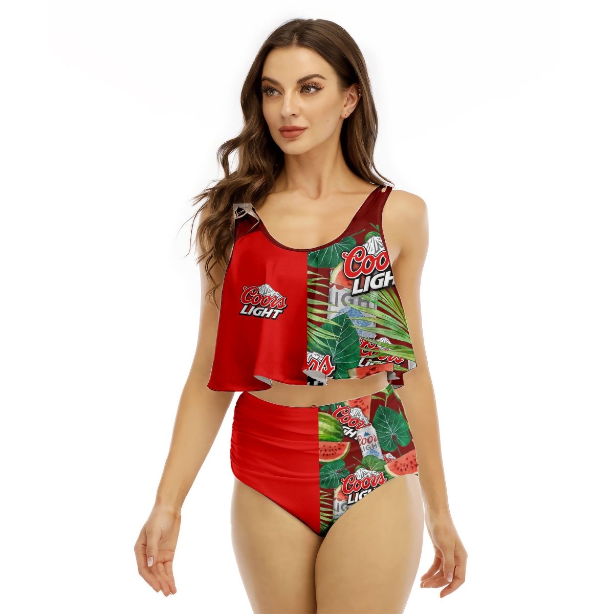 Half Side Coors Light Watermelon Ruffled Vest Swimsuit - VinoVogue.com