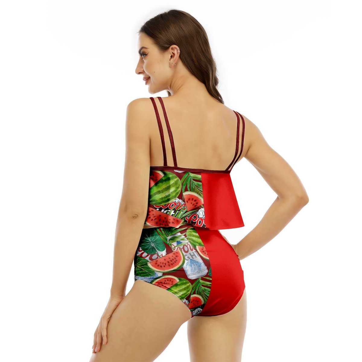 Half Side Coors Light Watermelon Ruffled Vest Swimsuit - VinoVogue.com