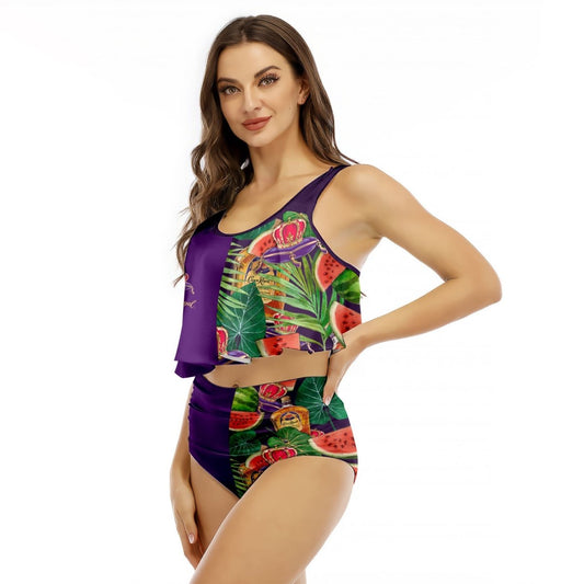 Half Side Crown Royal Watermelon Ruffled Vest Swimsuit - VinoVogue.com