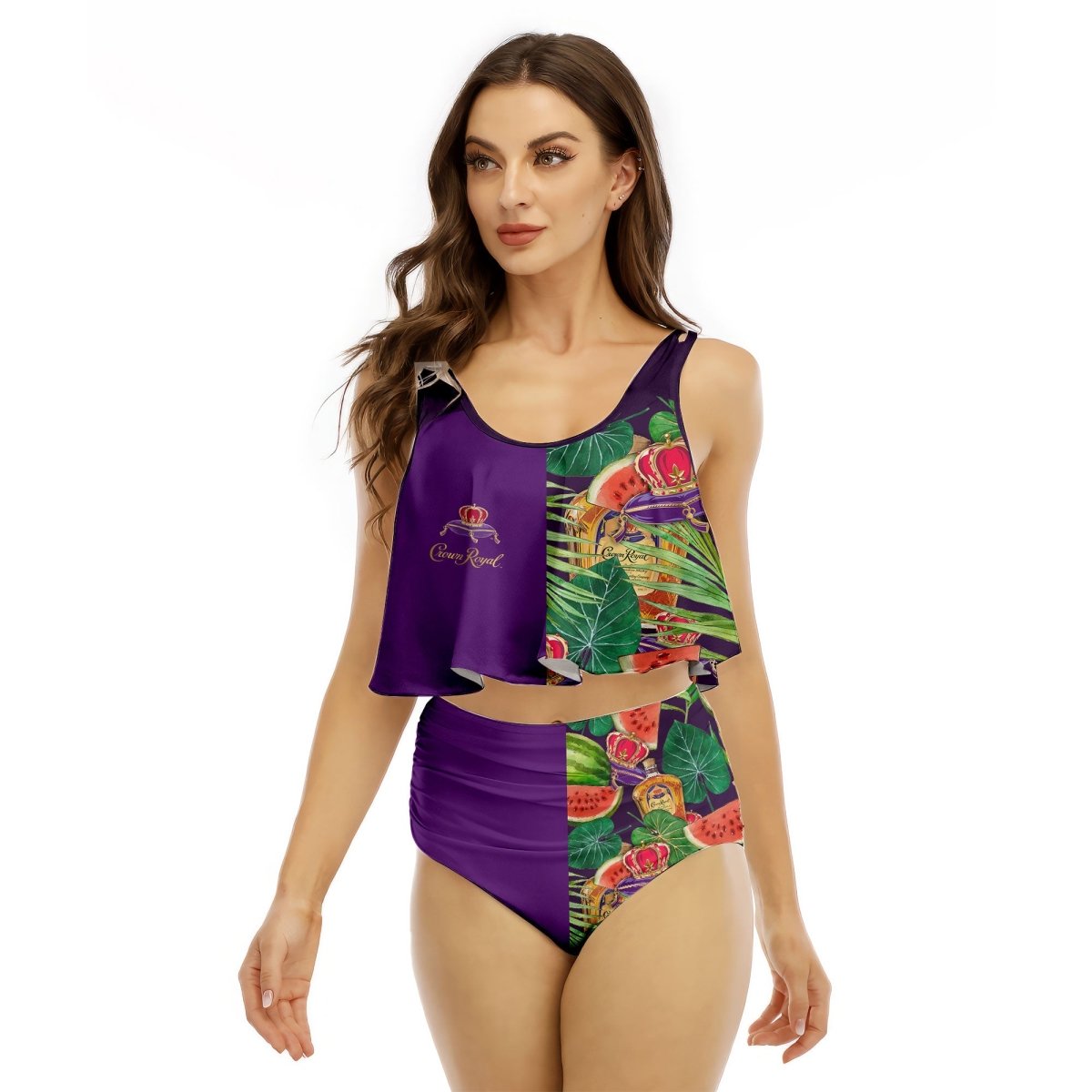 Half Side Crown Royal Watermelon Ruffled Vest Swimsuit - VinoVogue.com