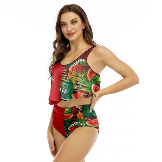 Half Side Fireball Watermelon Ruffled Vest Swimsuit - VinoVogue.com