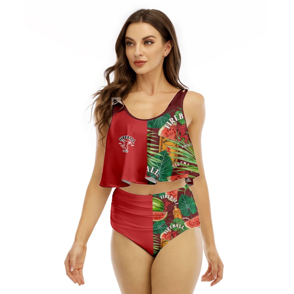 Half Side Fireball Watermelon Ruffled Vest Swimsuit - VinoVogue.com