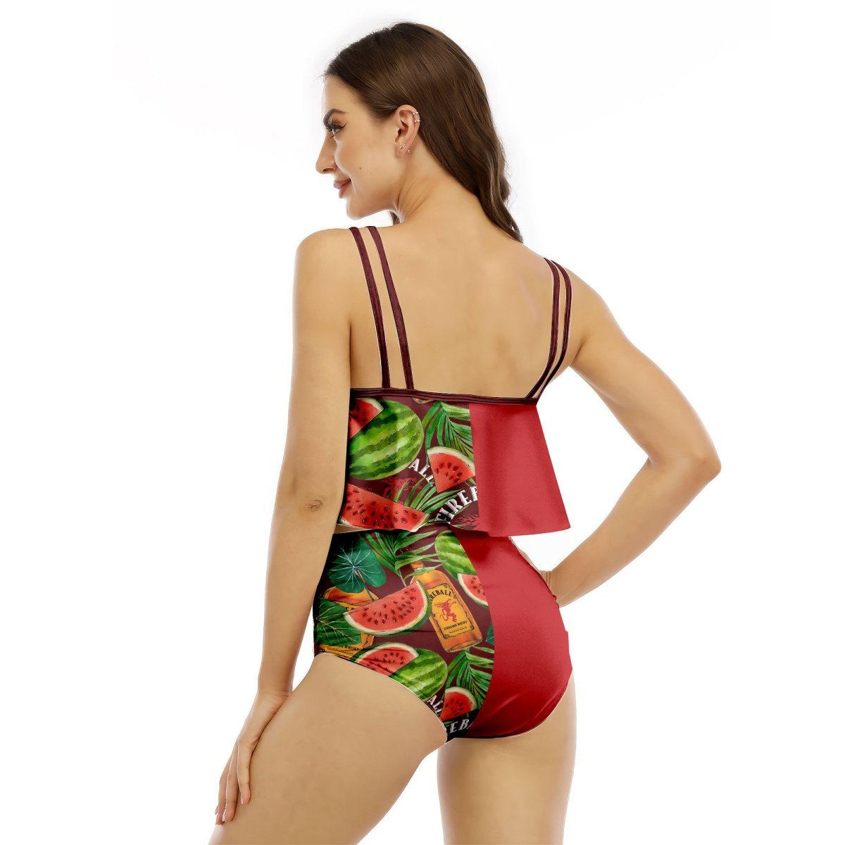 Half Side Fireball Watermelon Ruffled Vest Swimsuit - VinoVogue.com