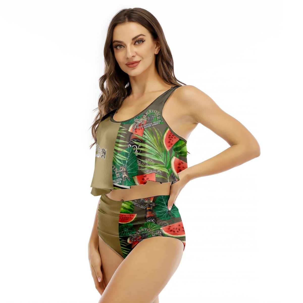 Half Side Firestone Walker Watermelon Ruffled Vest Swimsuit - VinoVogue.com