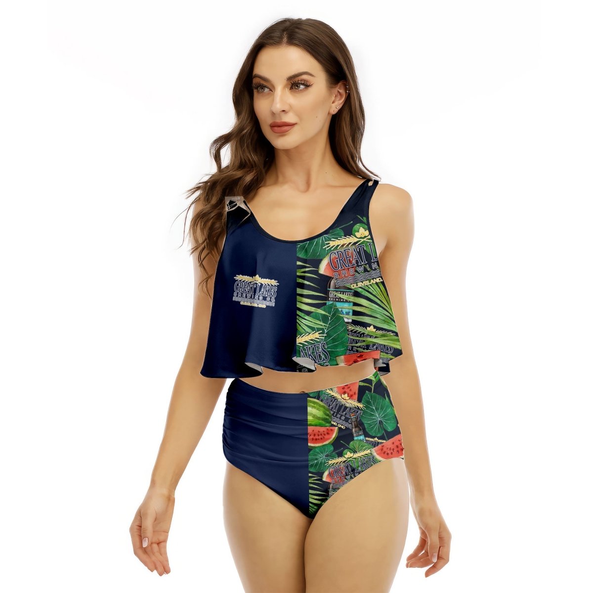 Half Side Great Lakes Watermelon Ruffled Vest Swimsuit - VinoVogue.com