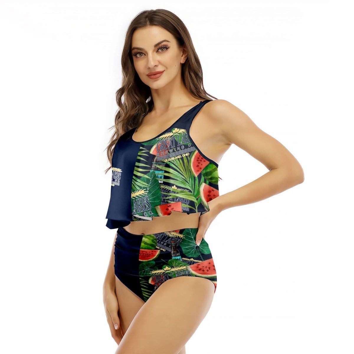 Half Side Great Lakes Watermelon Ruffled Vest Swimsuit - VinoVogue.com