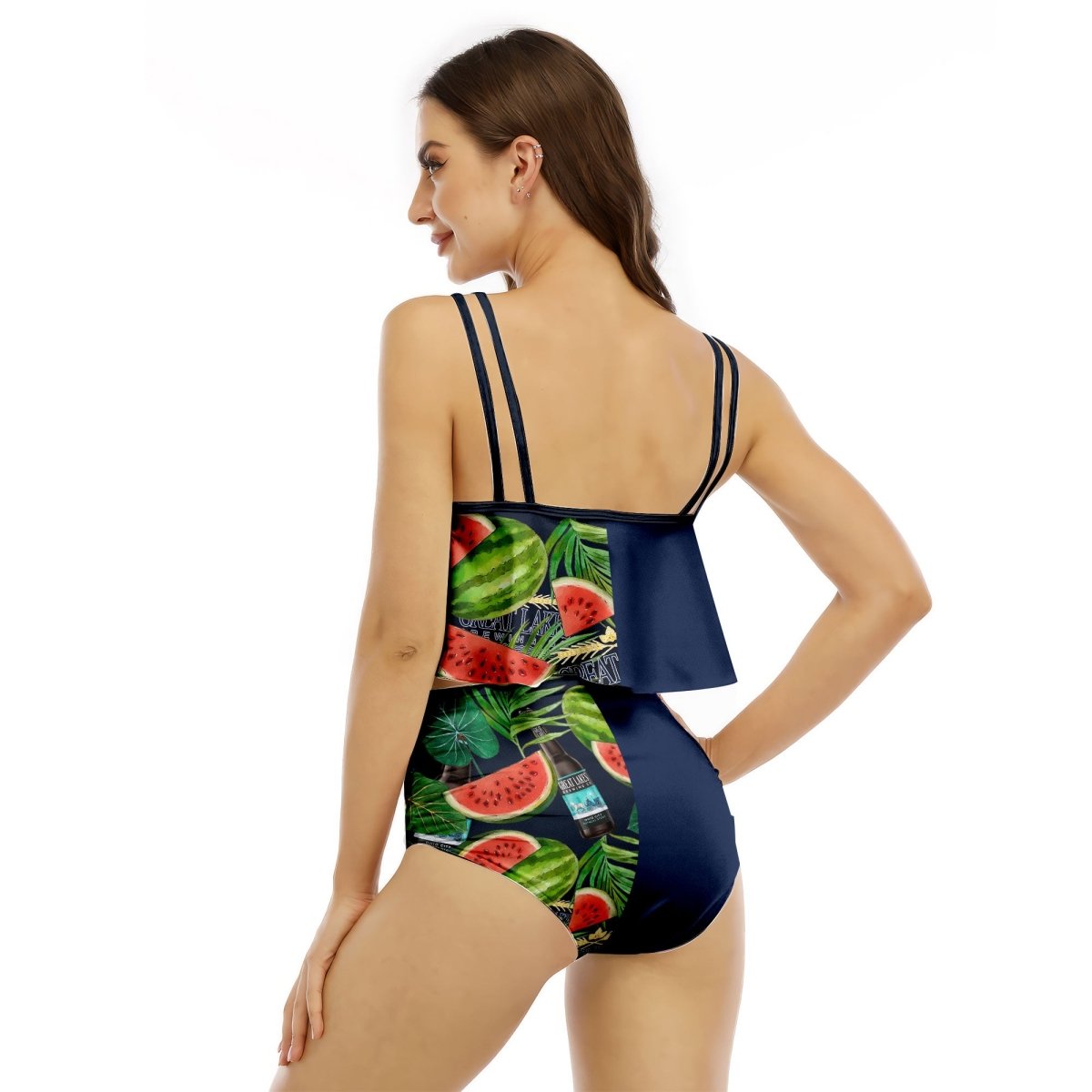 Half Side Great Lakes Watermelon Ruffled Vest Swimsuit - VinoVogue.com