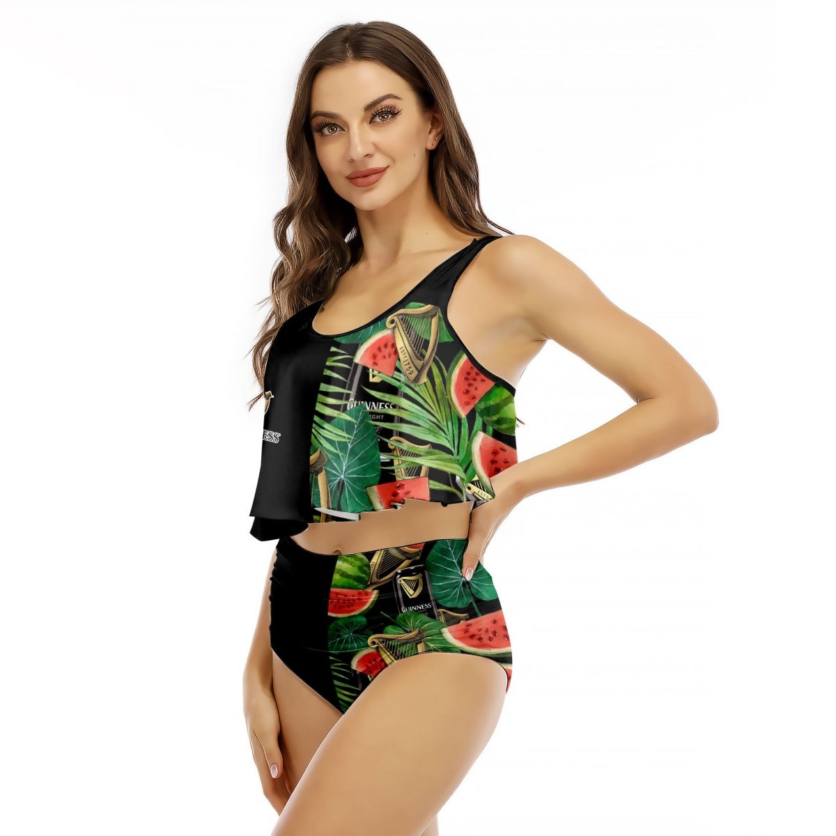 Half Side Guinness Watermelon Ruffled Vest Swimsuit - VinoVogue.com