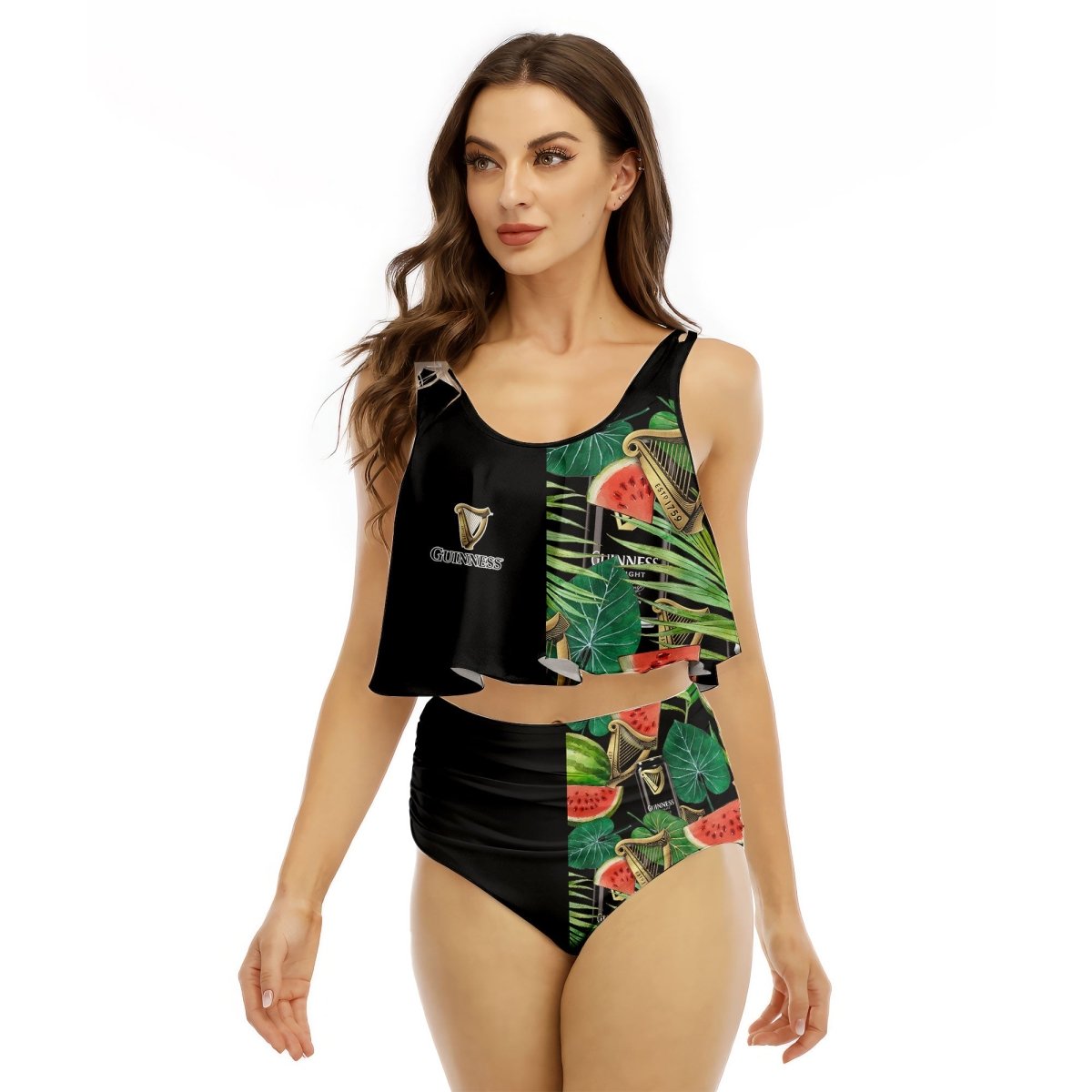 Half Side Guinness Watermelon Ruffled Vest Swimsuit - VinoVogue.com