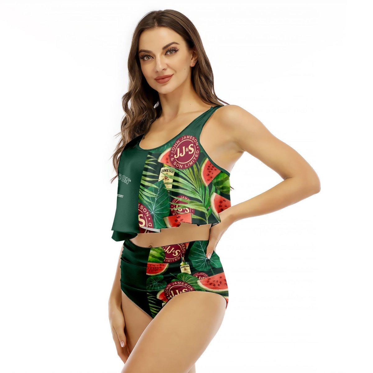 Half Side Jameson Watermelon Ruffled Vest Swimsuit - VinoVogue.com