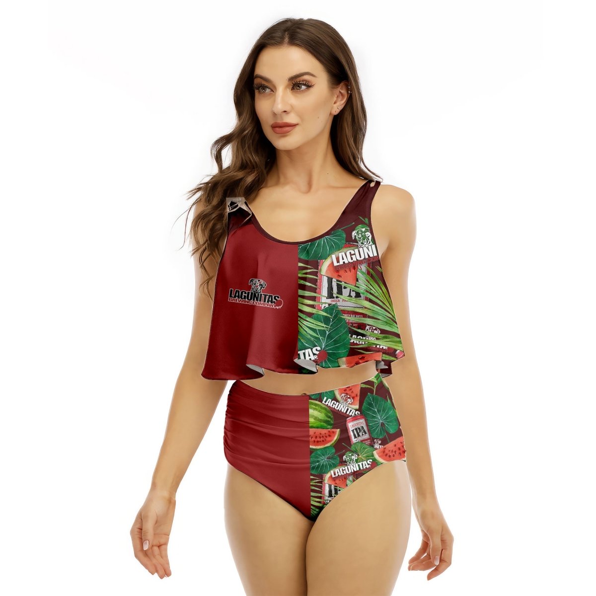 Half Side Lagunitas Watermelon Ruffled Vest Swimsuit - VinoVogue.com