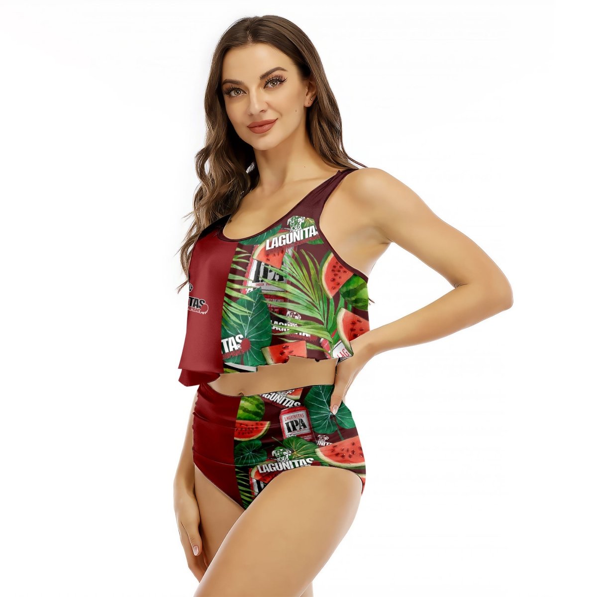 Half Side Lagunitas Watermelon Ruffled Vest Swimsuit - VinoVogue.com