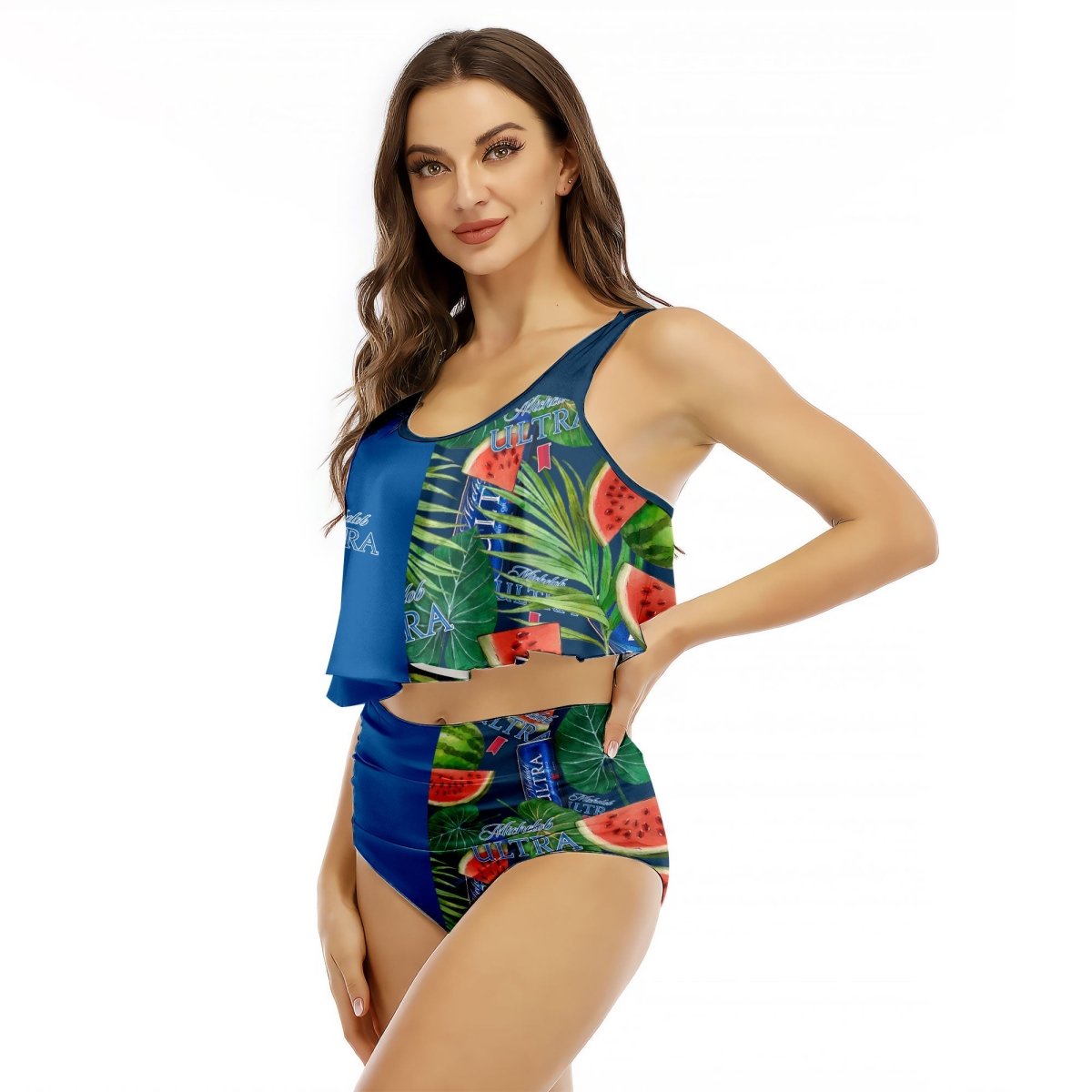 Half Side Michelob Ultra Watermelon Ruffled Vest Swimsuit - VinoVogue.com