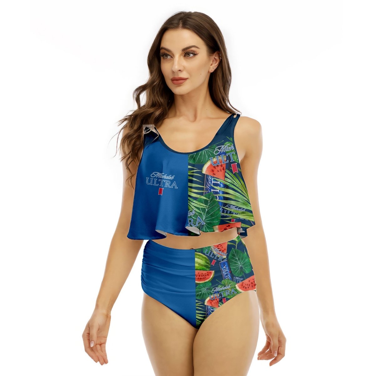 Half Side Michelob Ultra Watermelon Ruffled Vest Swimsuit - VinoVogue.com