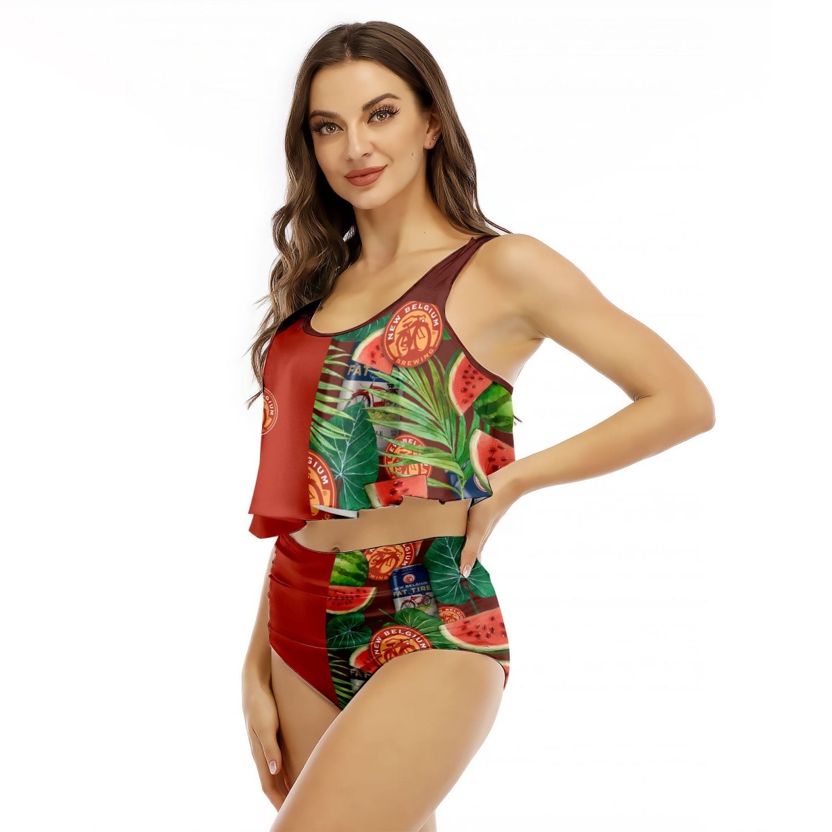 Half Side New Belgium Watermelon Ruffled Vest Swimsuit - VinoVogue.com