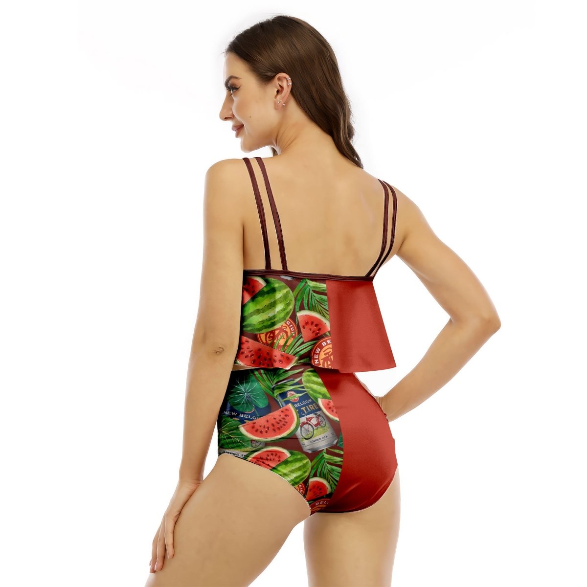 Half Side New Belgium Watermelon Ruffled Vest Swimsuit - VinoVogue.com