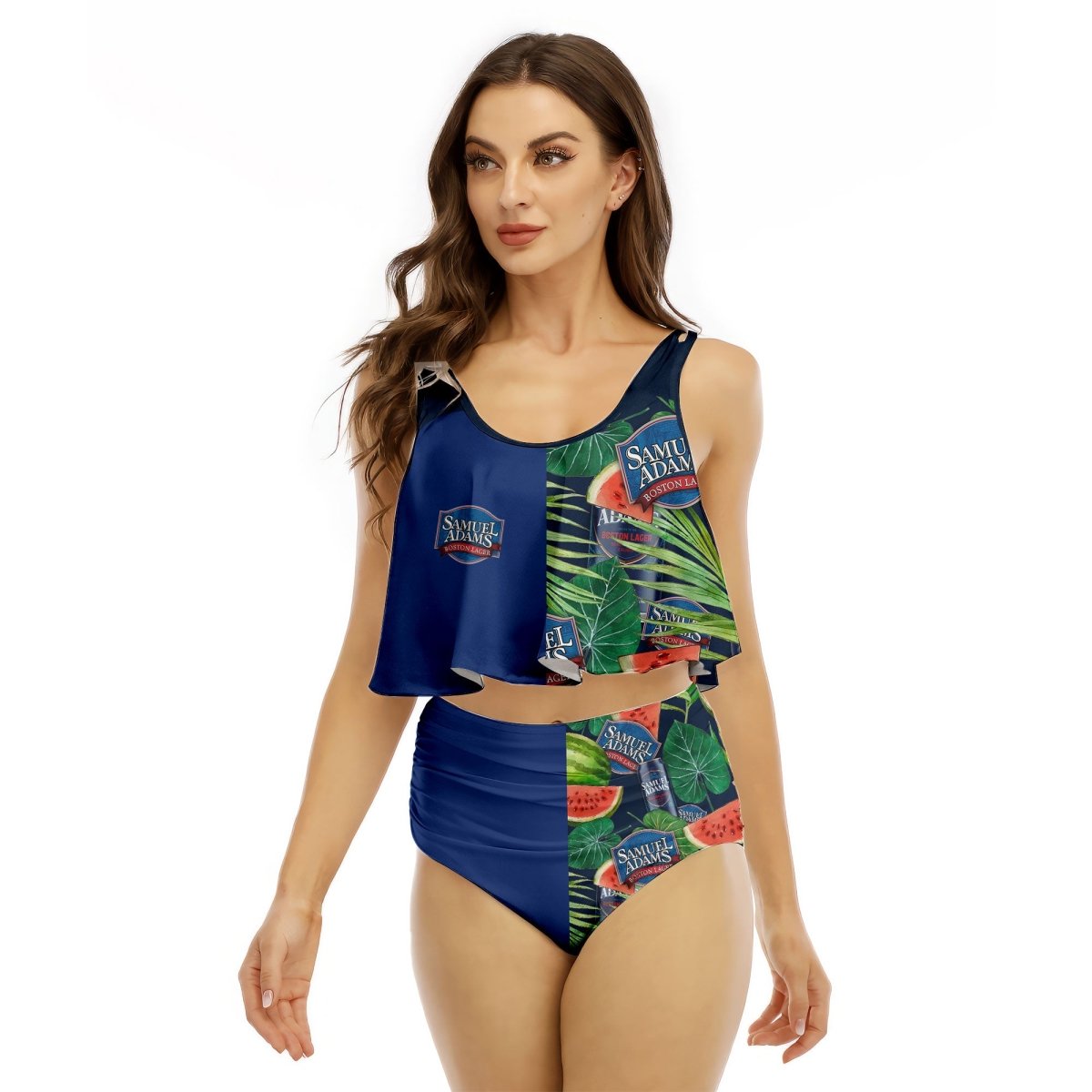 Half Side Samuel Adams Watermelon Ruffled Vest Swimsuit - VinoVogue.com