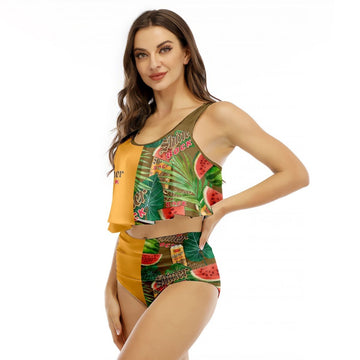 Half Side Shiner Bock Watermelon Ruffled Vest Swimsuit - VinoVogue.com