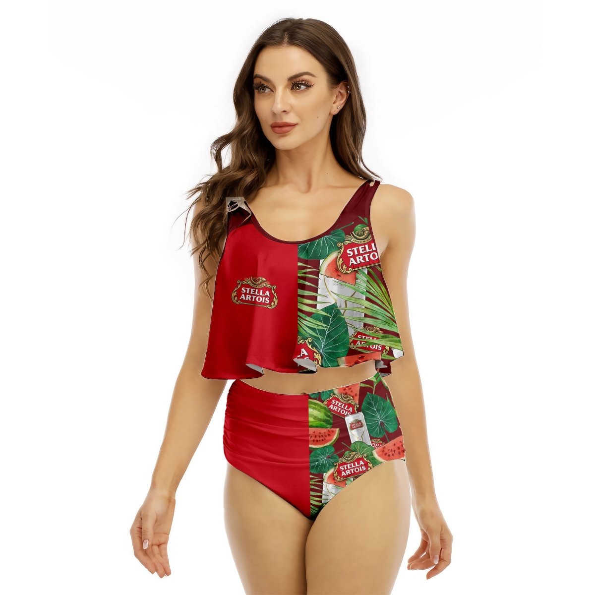 Half Side Stella Artois Watermelon Ruffled Vest Swimsuit - VinoVogue.com