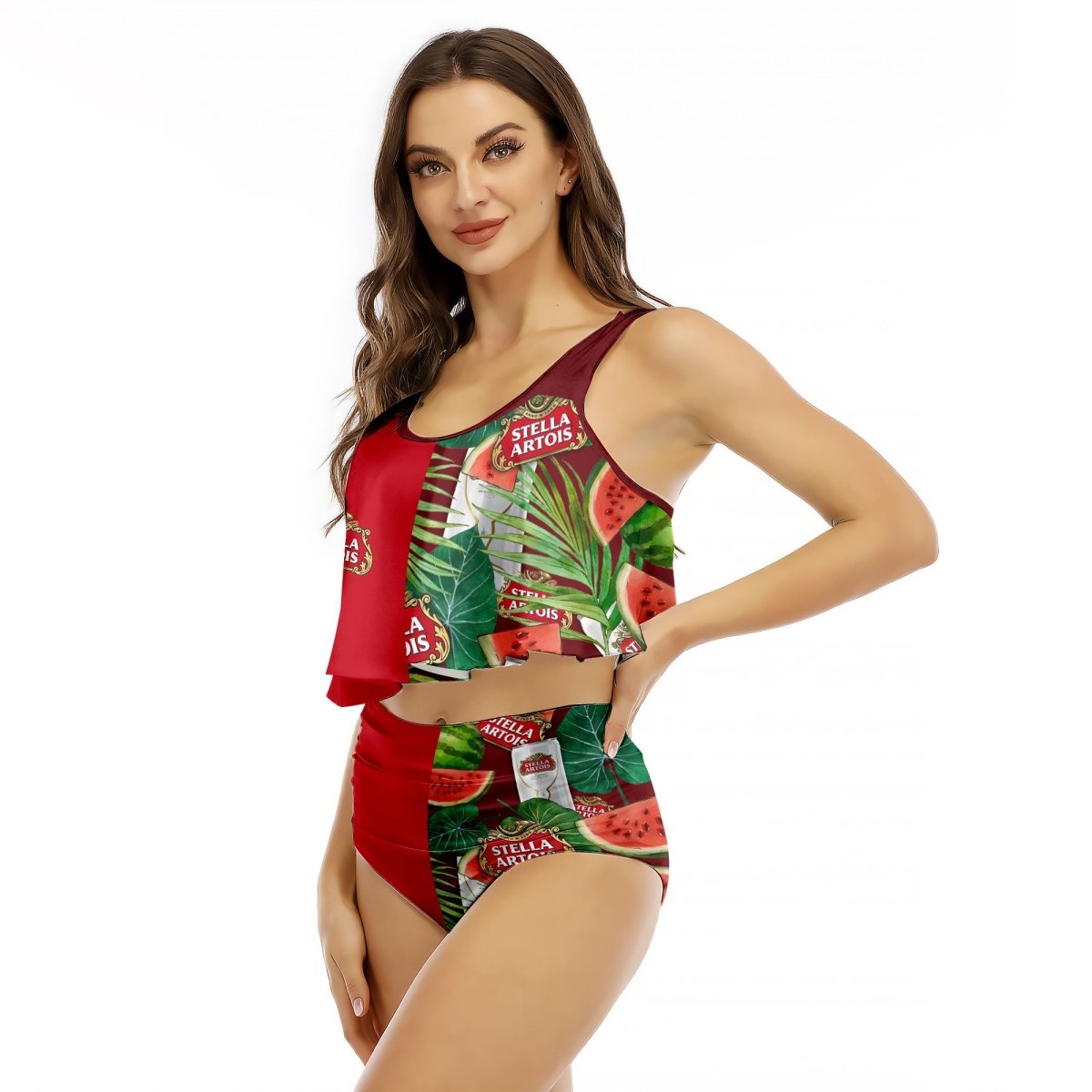 Half Side Stella Artois Watermelon Ruffled Vest Swimsuit - VinoVogue.com