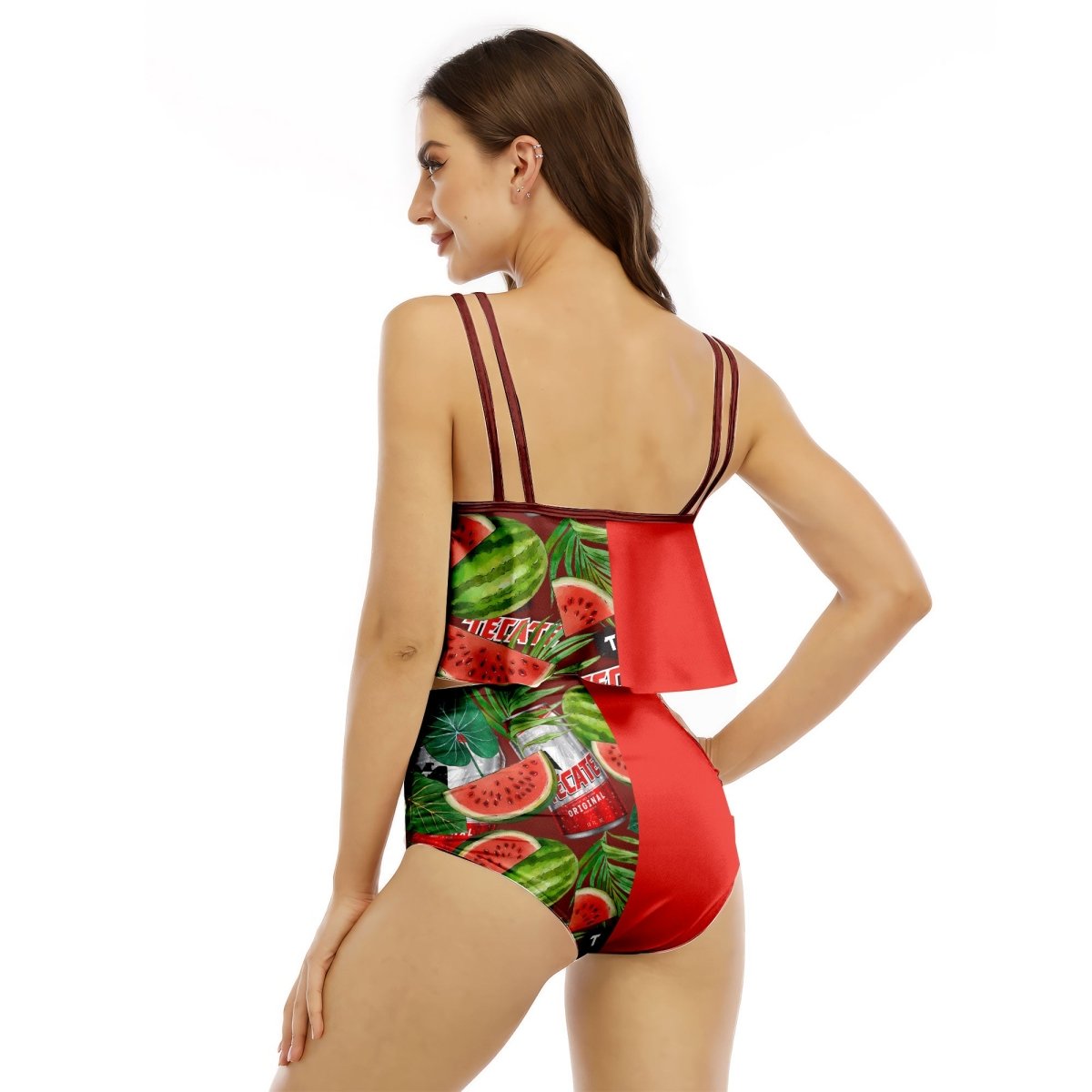 Half Side Tecate Watermelon Ruffled Vest Swimsuit - VinoVogue.com