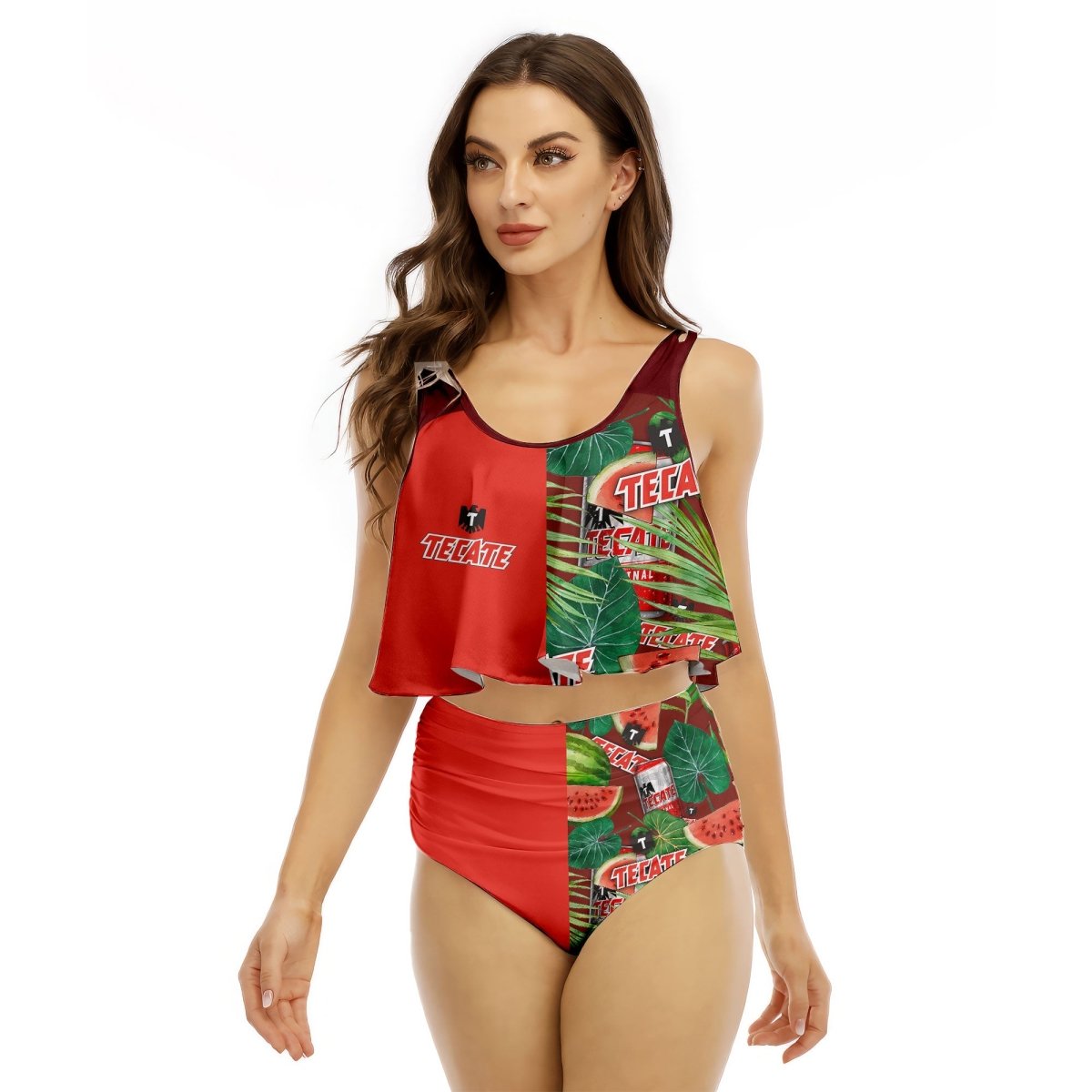 Half Side Tecate Watermelon Ruffled Vest Swimsuit - VinoVogue.com