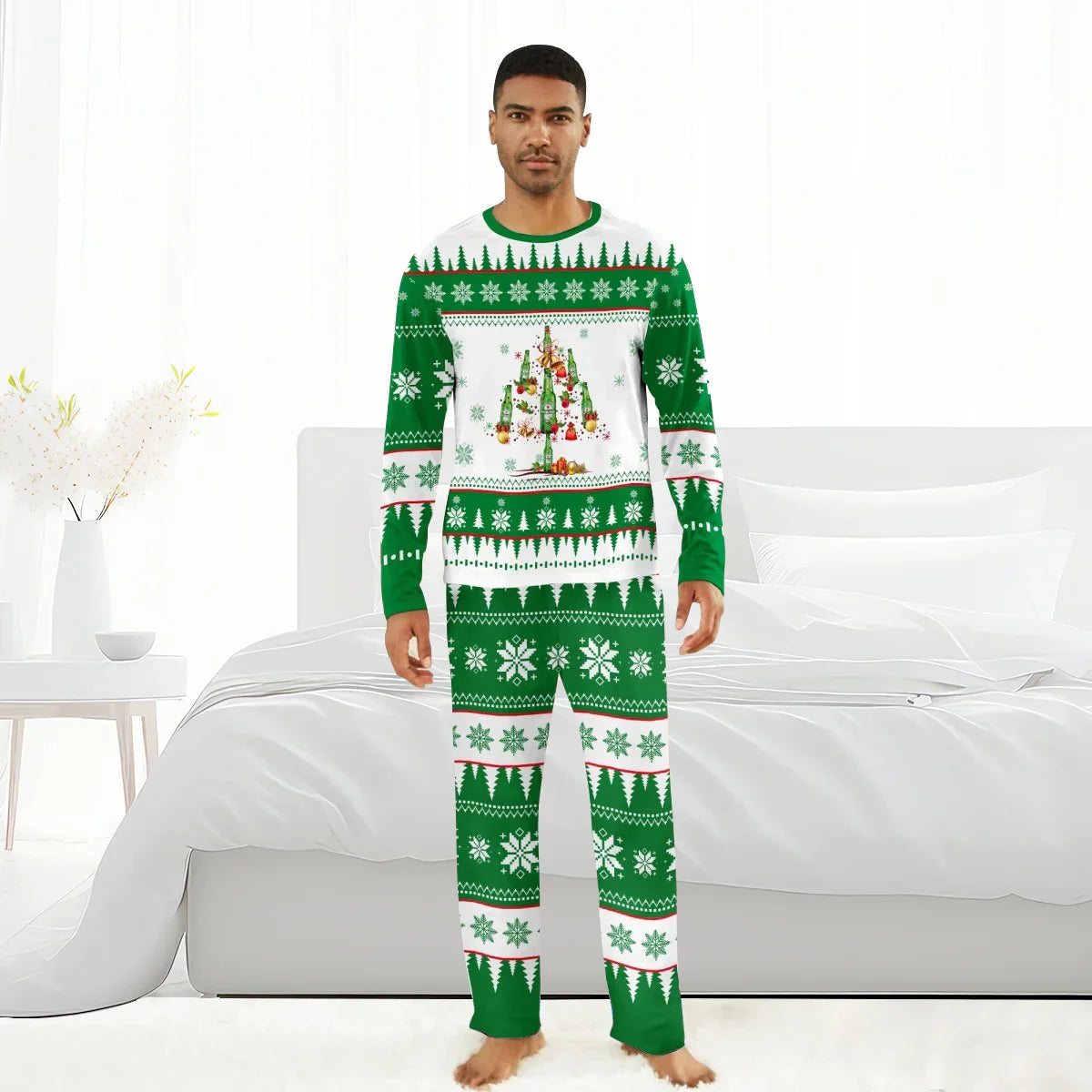 Man wearing green and white Christmas pajamas with Heineken beer bottle tree design in bright bedroom
