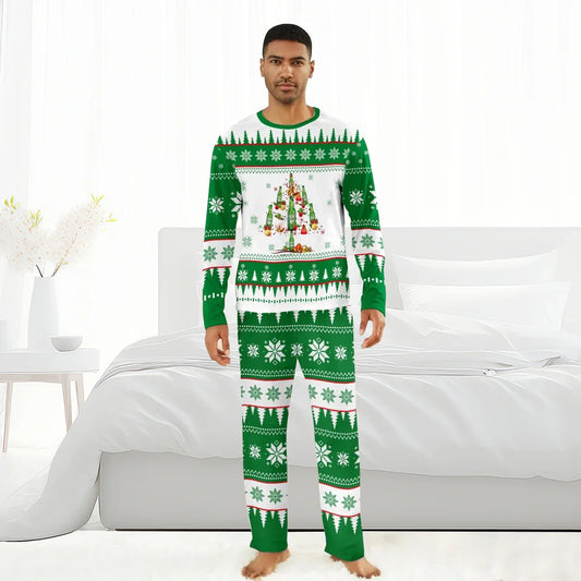 Man wearing green and white Christmas pajamas with Heineken beer bottle tree design in bright bedroom