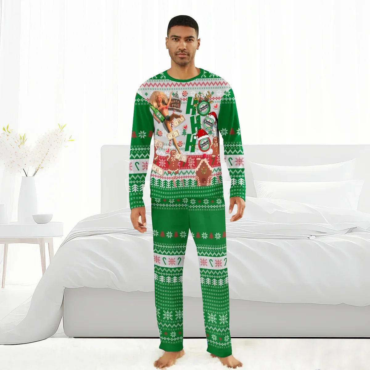 Man wearing green Heineken themed Christmas pajamas with festive holiday patterns in a white bedroom